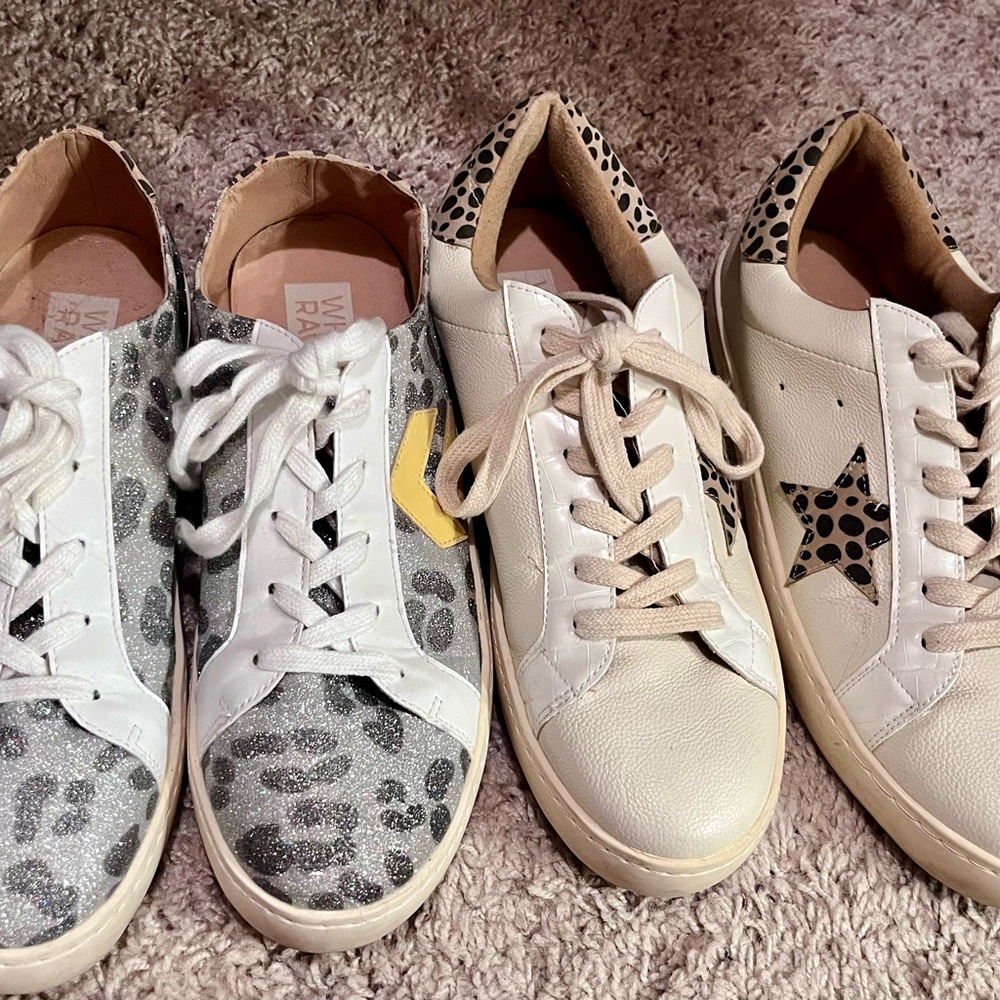 White and Gray Low-Top Sneakers with Animal Print